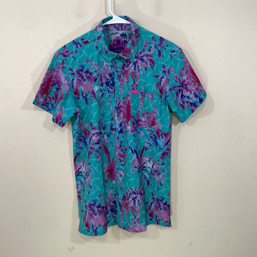 Retro Rifle Shirt‎ Men's Sz M Blue AK's And Vacays Palm Trees Hawaiian Button Up